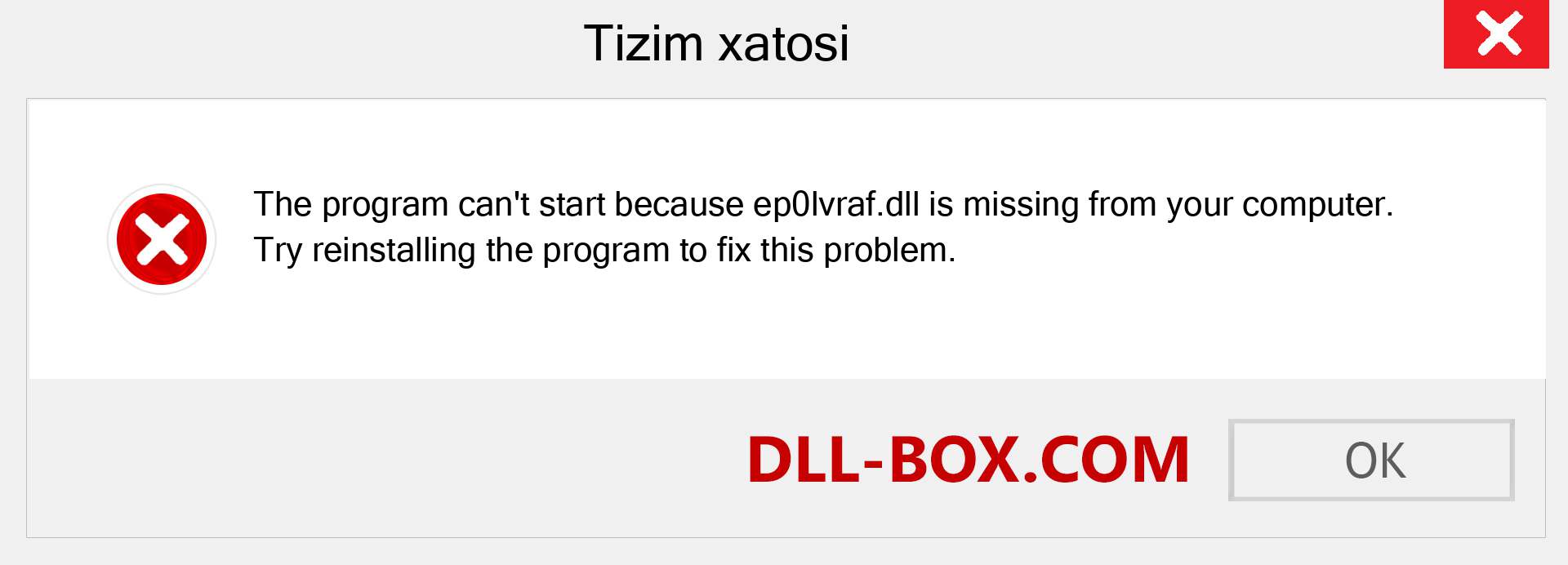 ep0lvraf.dll fayli yo'qolganmi?. Windows 7, 8, 10 uchun yuklab olish - Windowsda ep0lvraf dll etishmayotgan xatoni tuzating, rasmlar, rasmlar